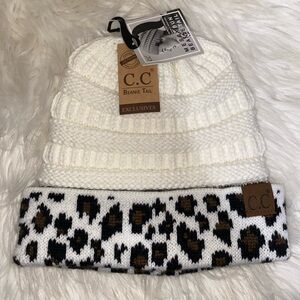 C.C Beanie Tail White and Brown Leopard Beanie- NWT